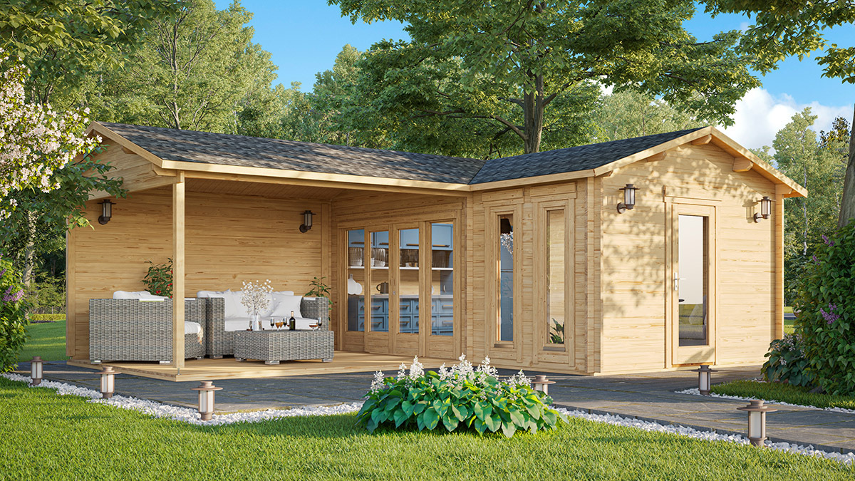 Corner Garden Room with Large Veranda Hansa B 18m2 / 44mm / 3 x